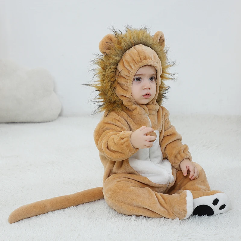 Lovely Lion Baby Girls Clothes Boys Romper Winter Plush Infant Onesie Bodysuit Cosplay Costume Hooded Zipper Jumpsuits