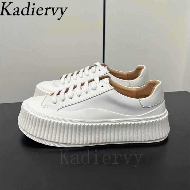 Hot Sales Thick Sole Sneakers Women Casual Outdoor Casual Shoes Lady Round Toe Lace Up Genuine Leather Flat Platform Shoes Woman