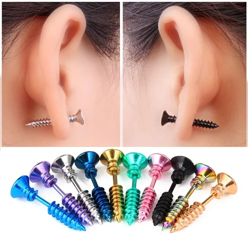 2pcs Punk Fashion Stainless Steel Nail Screw Stud Earrings for Women Men, Gold Black Cartilage Tragus Helix Ear Piercing Jewelry