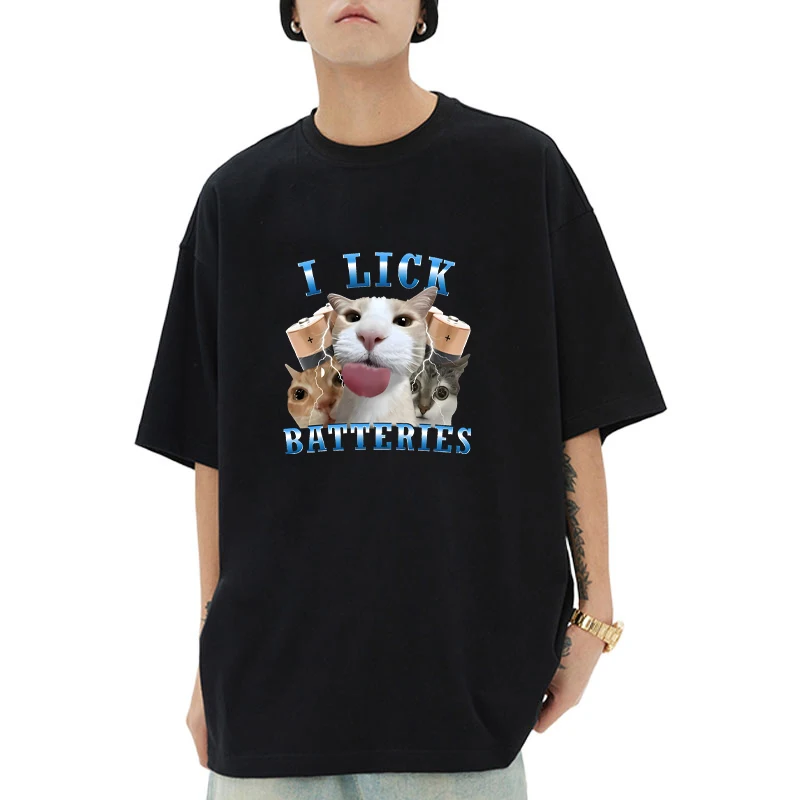 

I Lick Batteries Cute Cat Graphic printed short sleeve T-shirts Men Women Cotton O-Neck Casual Tshirt Fashion Summer vintage Top