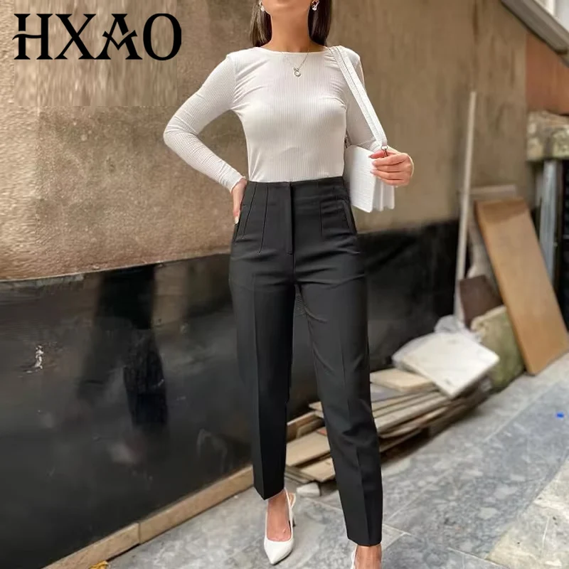 HXAO 2025 سراويل نسائية ملابس مكتب امرأة عالية الخصر متوهج السراويل النسائية الخياطة السراويل أنيقة أنيقة السراويل الحضرية 066