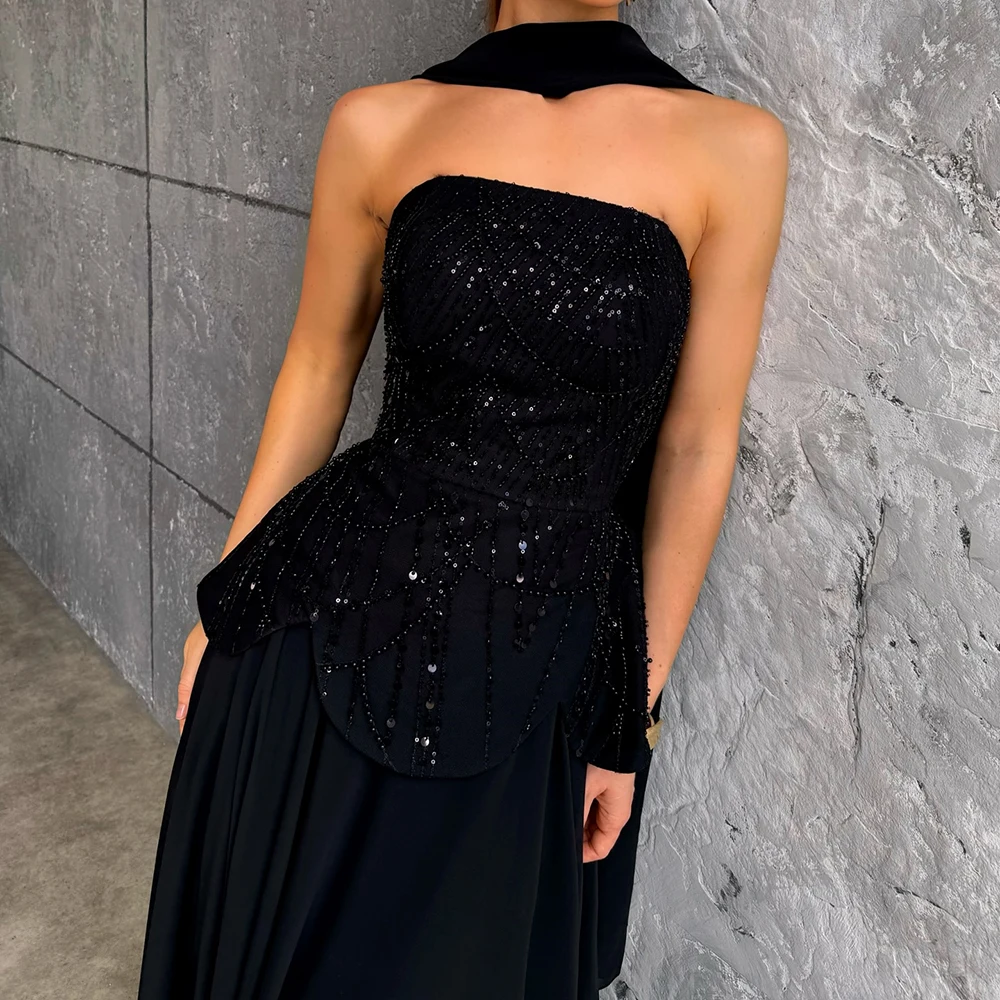 Vestidos de Noche acampanados personalizados, vestido de fiesta sin mangas hasta el suelo sin tirantes, vestido de fiesta drapeado Simple con cuentas y lentejuelas a la moda
