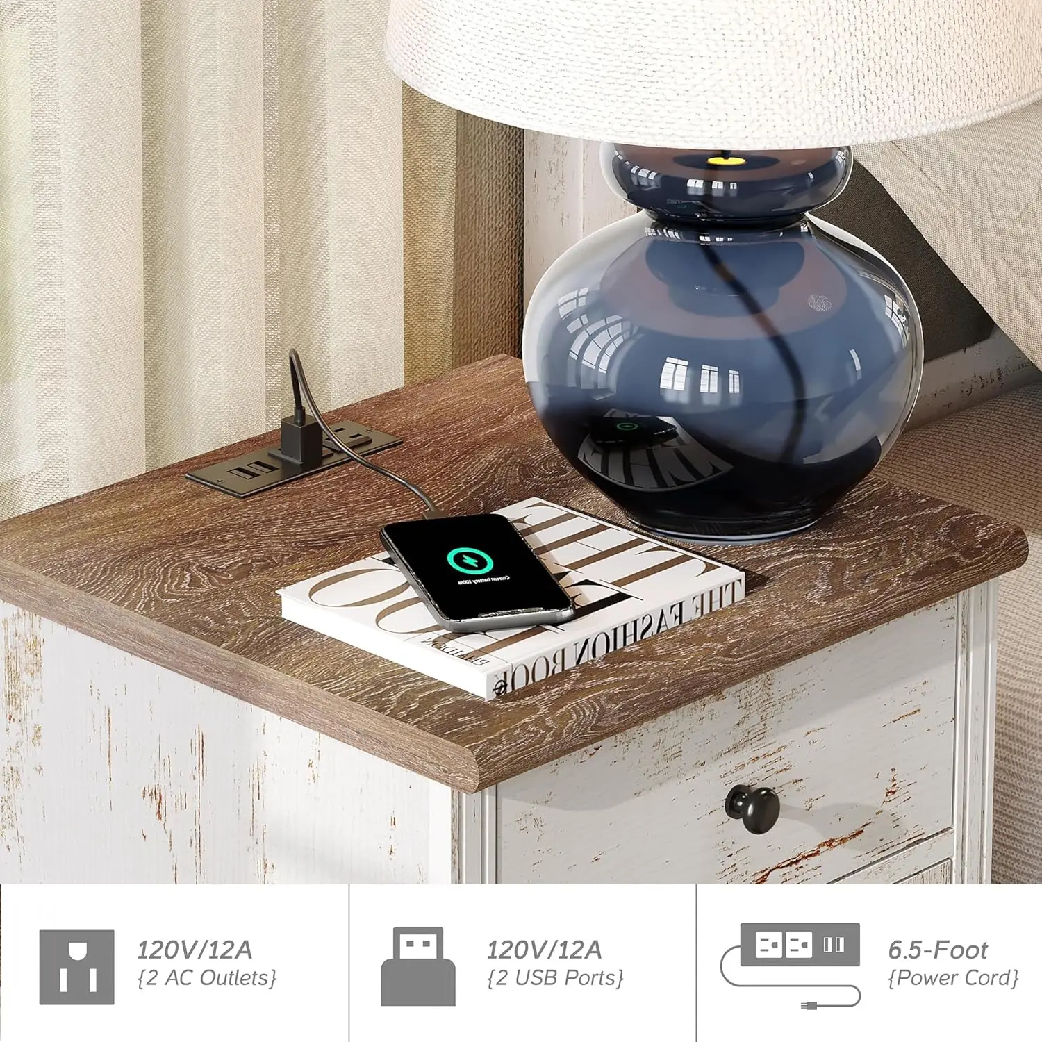 Set of 2 End Table with Charging Station, Wood Nightstands with Drawer and Storage Cabinet, Modern Side Tables, Customized - view 5