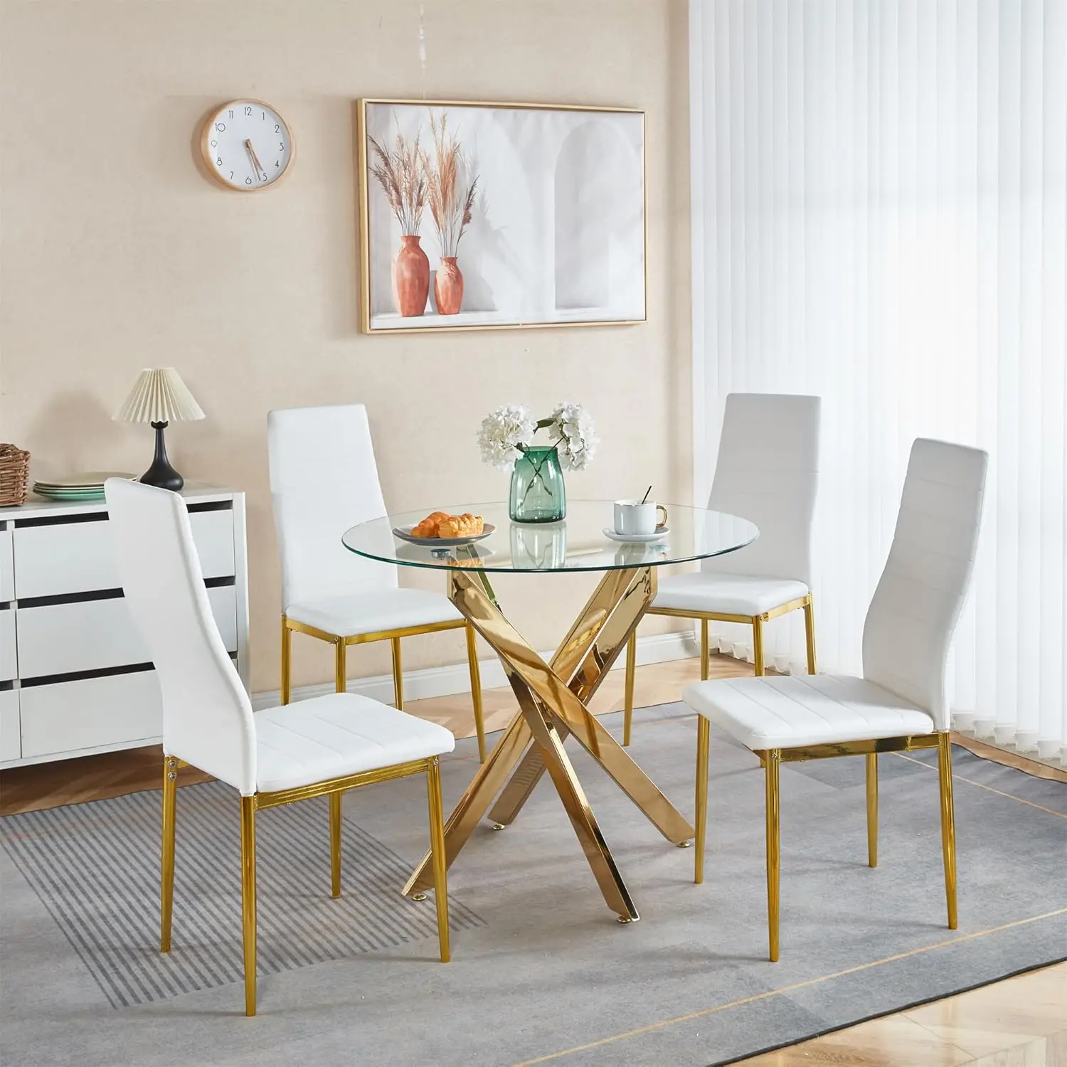 

Round Glass Gold Dining Table for 4, Dining Room Table Set for 4, Dining Table with 4 White Chairs for Dining Room