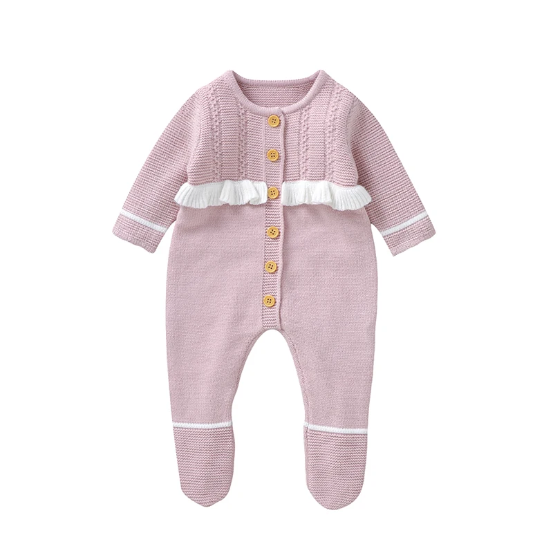Pink Newborn Baby Knitted Rompers for Infant Girl Autumn Winter Outwear Jumpsuits Clothes 0-18m One Piece Toddler Outfit Clothes