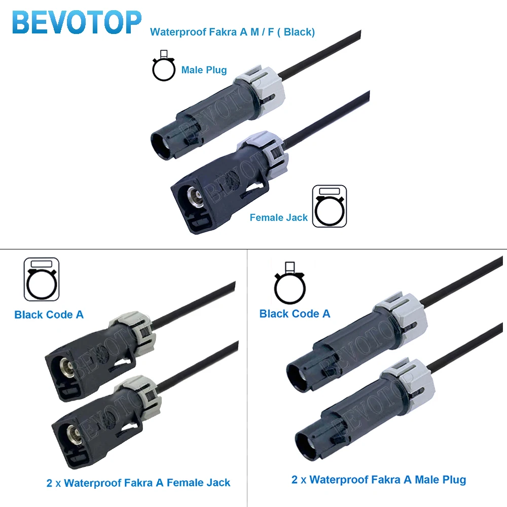 1PCS Waterproof Fakra Extension Jumper Black Fakra A Male Female M/M F/F M/FConnectors RG174 Cable RF Coaxial Pigtail BEVOTOP