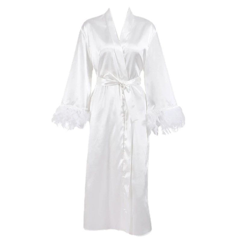 White Feather Robe With Fur Full Sleeves Sleepwear Satin Robes For Women Nightgown Bride Robe Sleepwear Drop Shipping