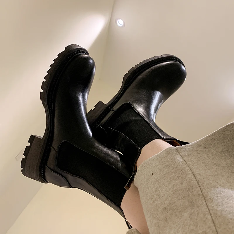 2024 Autumn Women Boots Genuine Leather Platform Heels Chunky Heel Winter Zipper Retro Real Leather Chelsea Boots Women Shoes