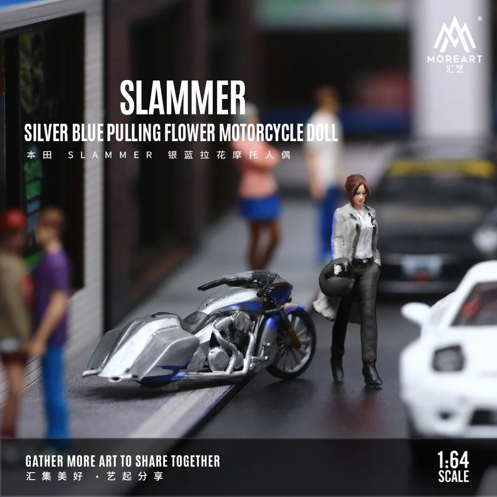 MoreArt 1/64 mini SLAMMER Silver Blue coated alloy motorcycle model resin action figure set