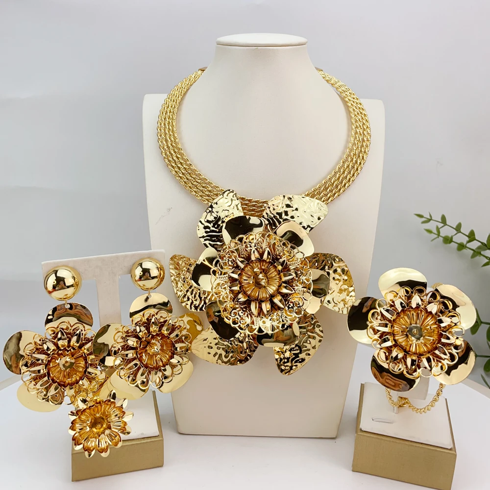 New Fashion Trendy Women Jewelry Set Brazilian Gold-Plated African Wedding Bridal Big Flower Pendant Necklace Gifts FHK24996