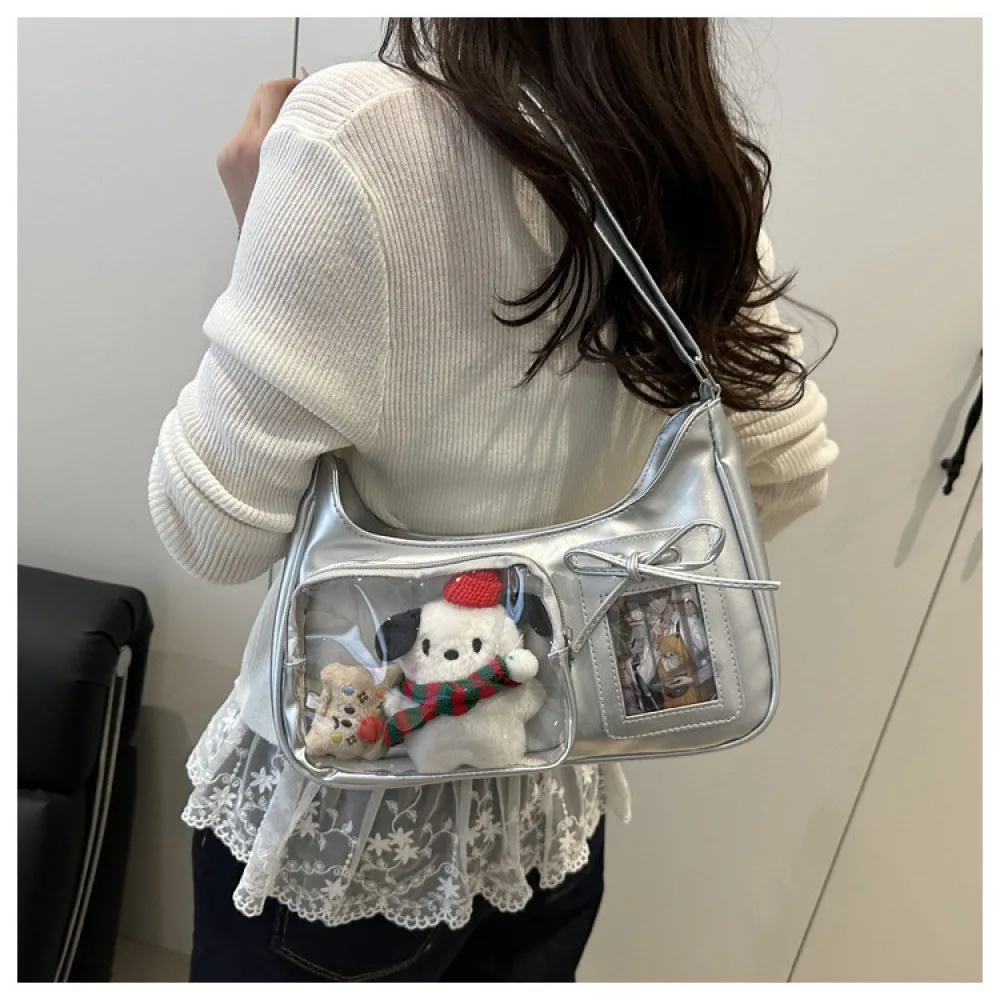 Shiny transparent shoulder bag, underarm bag for girls, ins-style bow card holder, anime-themed storage crossbody bag