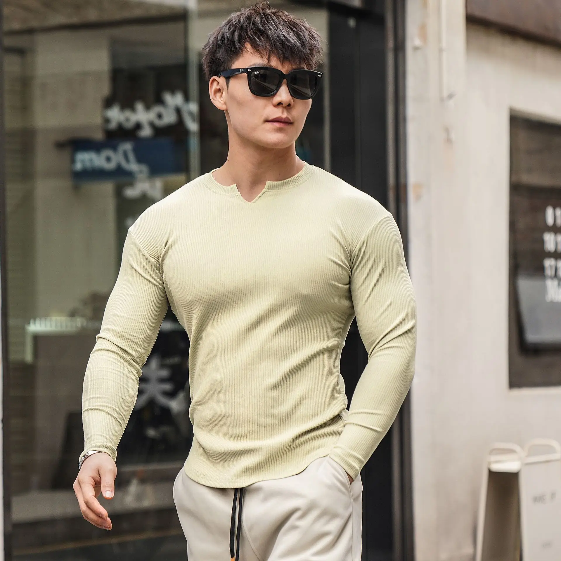 Knitted Long Sleeved T-shirt Men's Tight T Shirts Pit Cloth Solid V-neck Pullover Tee Men's Base Shirt Muscular Invisible Shirt