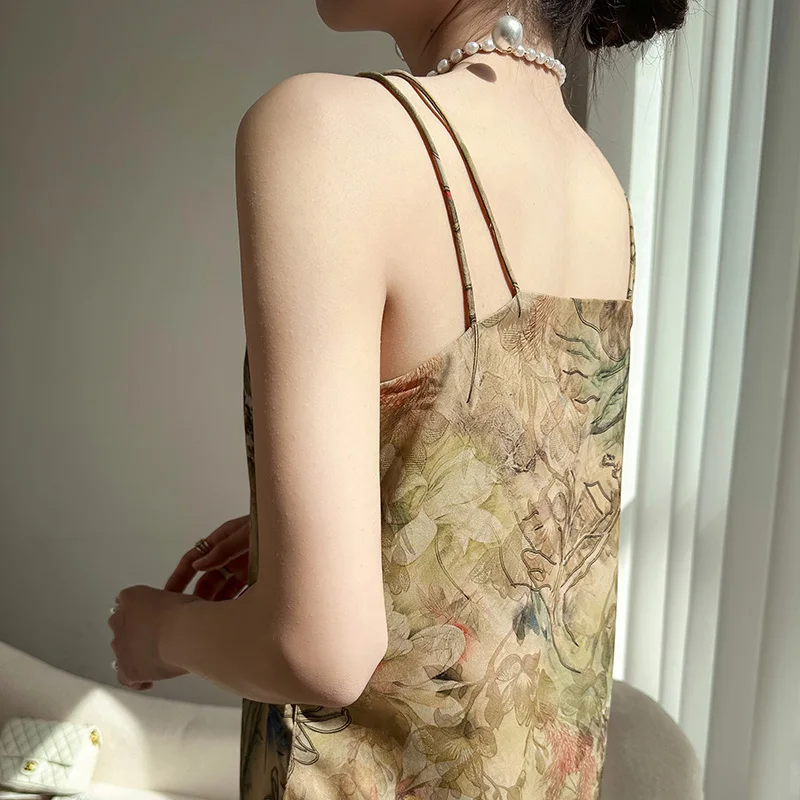 Silk 3D Printed Off-Shoulder Vest Women's Premium Inner Wear Sexy V-Neck Large Size High End Tank Top Commute Style Loose Fit