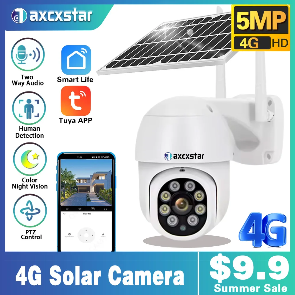 

4G Sim Card PTZ Camera Outdoor Wireless Solar IP Camera 5MP HD Solar panels Video Surveillance Camera Long Time Standby Tuya APP