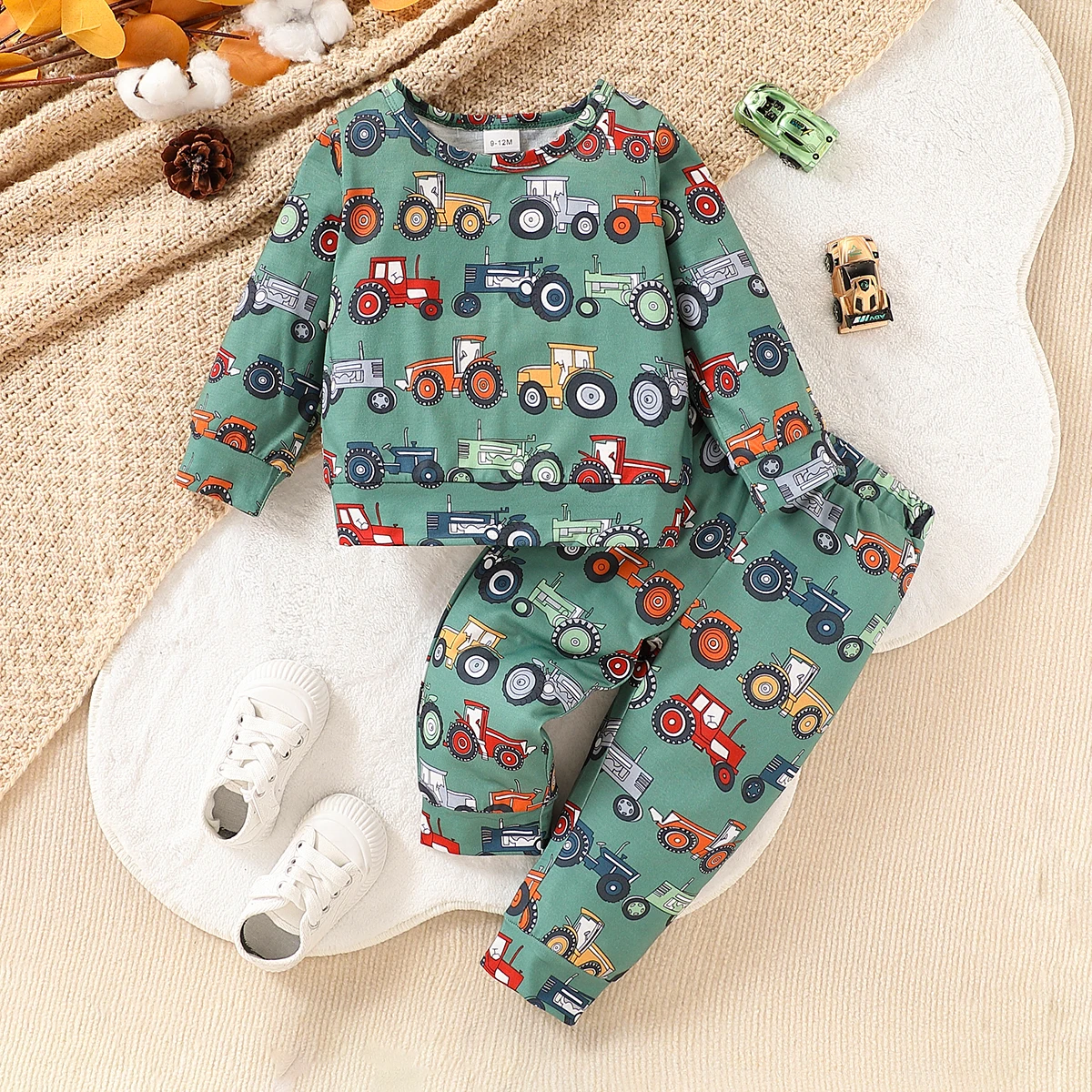 2Pcs Toddler Boy Outfit, Tractor Print Long Sleeve Top & Cuffed Pants Cute Kids Loungewear Set 0‑3Y
