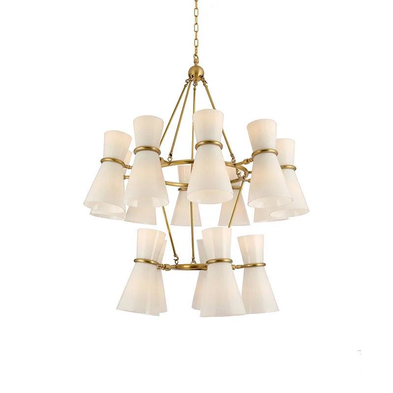 

French Elegant White Flared Glass Pendant Lamp Brass Metal Dimmable Ceilings Lustre for Hotel Restaurant Living Room