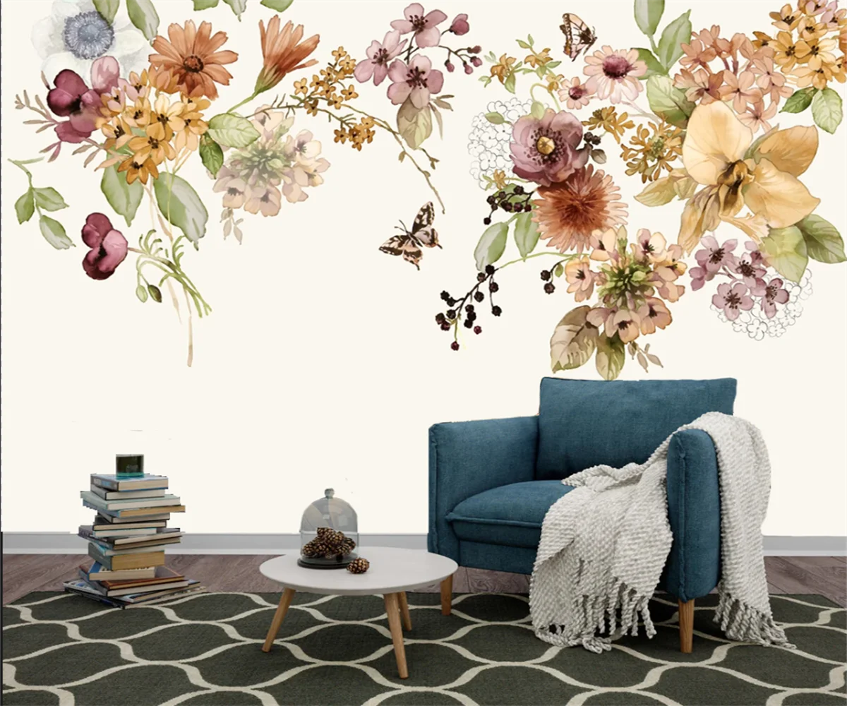 

Индивидуальные обои в европейском стиле с цветочным узором, в деревенском стиле, для интерьера, для стены за телевизором или изголовьем кровати, декоративная роспись, обои для фоновой стены.