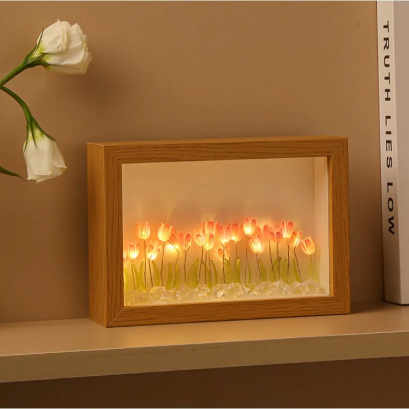 DIY Wooden Photo Frame Tulip Flower Sea Home Decoration Ornaments Atmosphere Lights Valentine's Mother's Birthday Gifts
