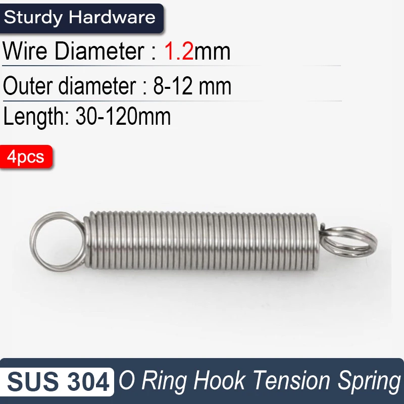 Extension Springs 4Pcs, 304 Stainless Steel Closed O-Ring Hooks, 1.2mm Wire Diameter, High Quality Tension Spring