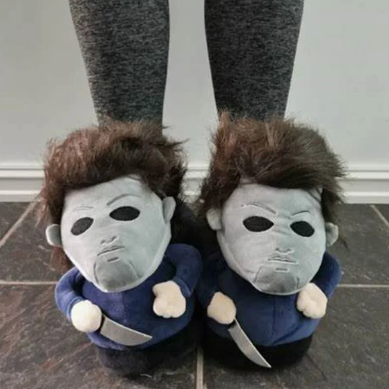 Rytanda Halloween Plush Slippers Michael Myers Winter Funny Soft Warm Non-Slip Shoes Women Men Indoor House Flat With Slipper