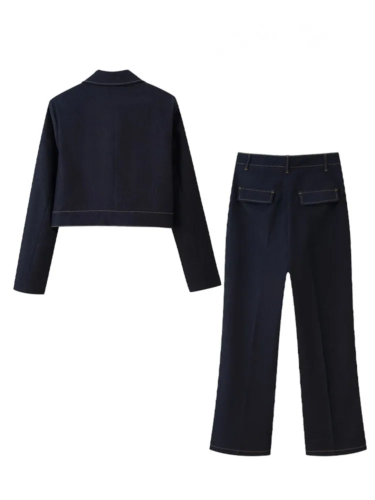 HH Cappotto a maniche lunghe con risvolto e tasche monopetto moda donna + set da 2 pezzi in denim solido con cerniera sottile in vita elastica estiva