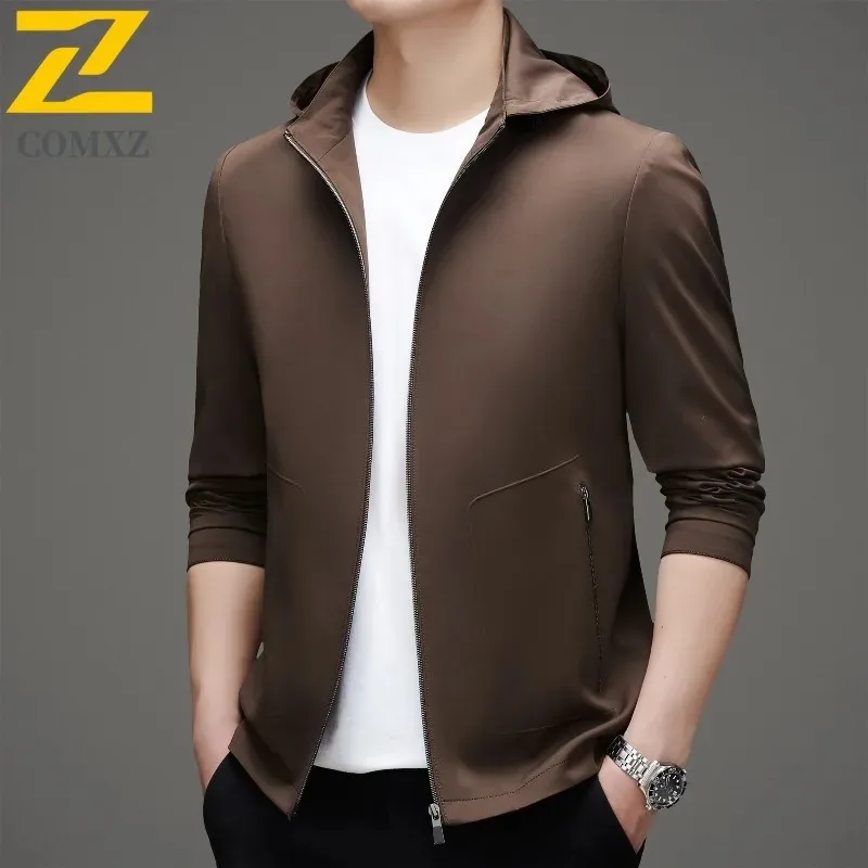 

COMXZ Men Jacket 2025 Fashion Classics Hooded Work Autumn Fashion Casual Coat Solid Color Business Windproof Sports Outerwear