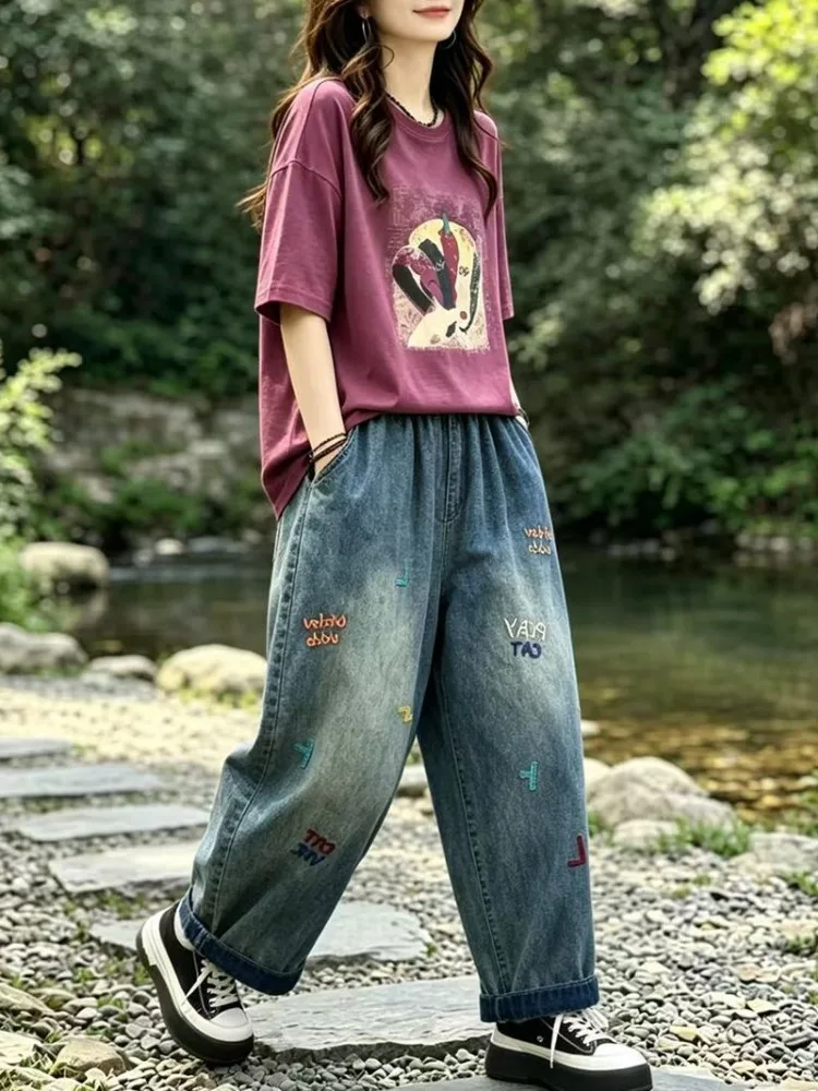 Retro Two-piece Set Woman Summer Stamp T-shirt Wash Cowboy Harem Pants High Waist Jeans Embroidery Plus Size Outfit Pant Sets