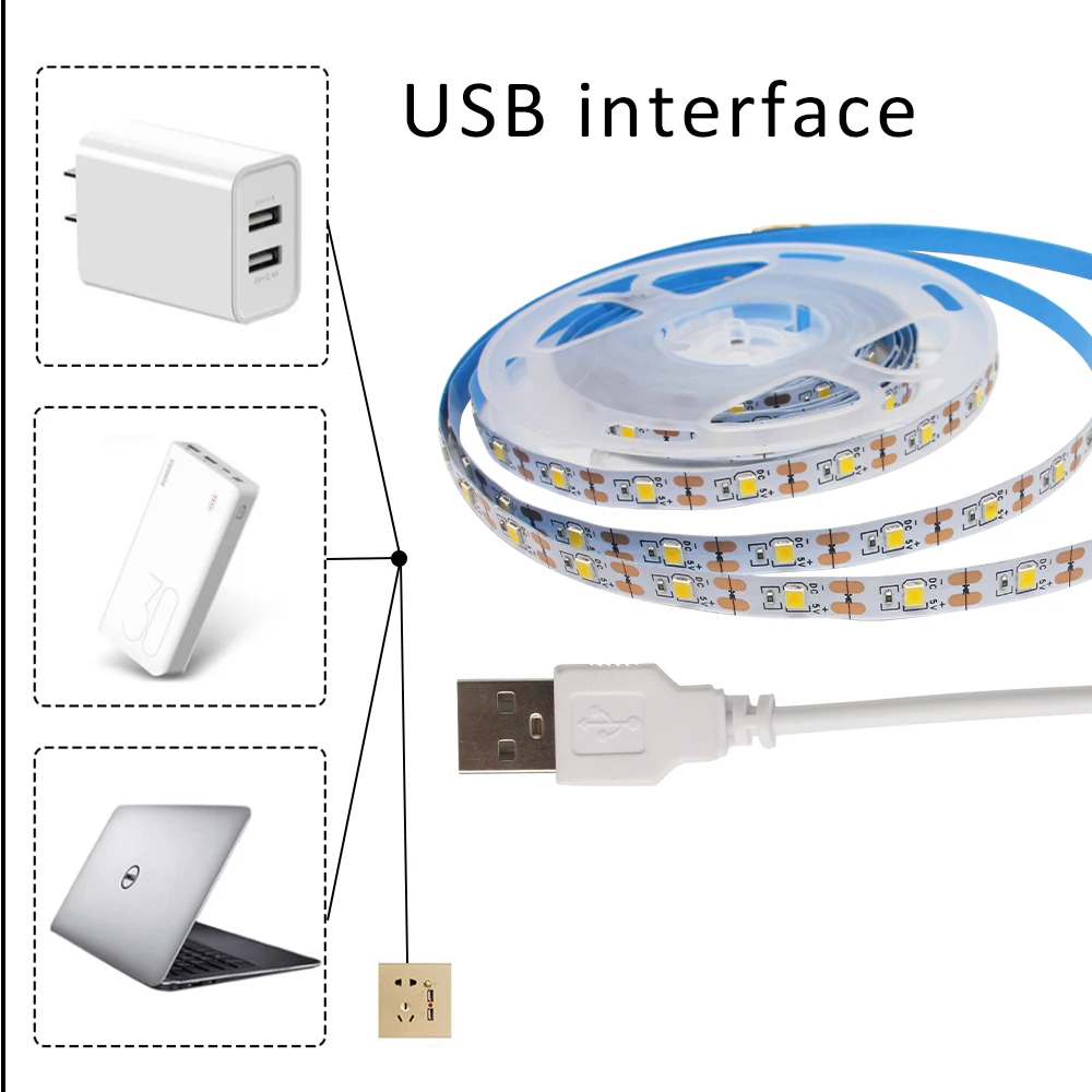 Paski LED 5V USB 2835 1m 2m 3m Zestaw listew oświetleniowych do maszyn do szycia SMD2835 Białe, ciepłe, białe, elastyczne oświetlenie taśmowe z