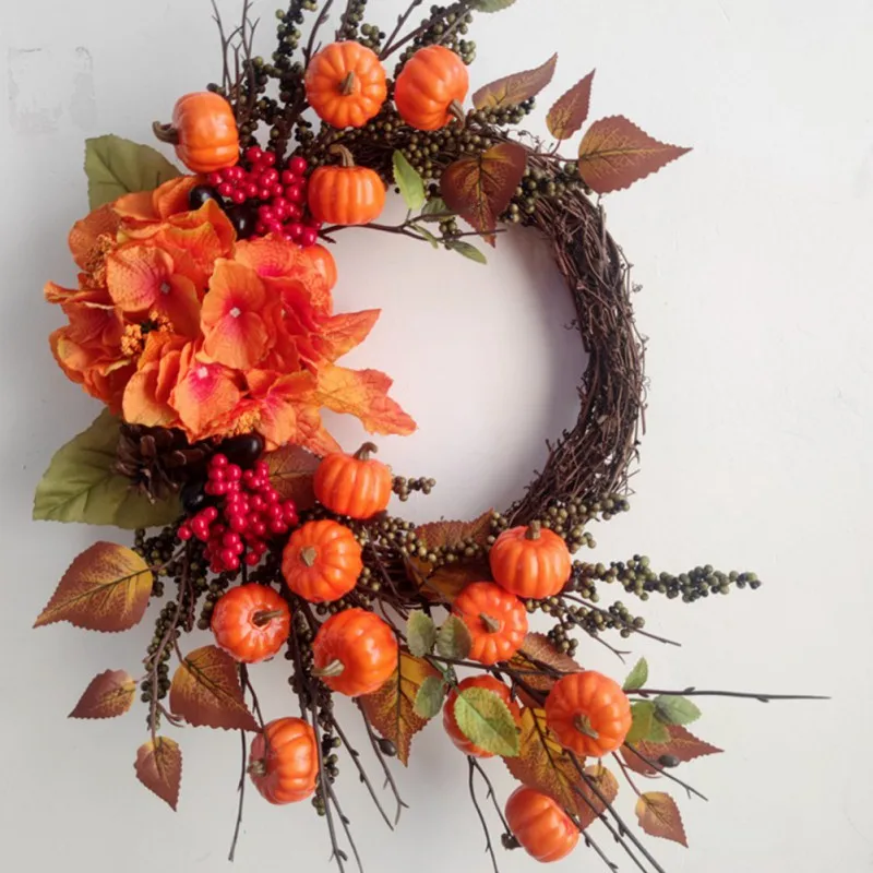 Rattan Fall Wreaths with Artificial Pumpkin Berry Maple Leaves Decor for Front Door Thanksgiving Harvest Autumn Door Window