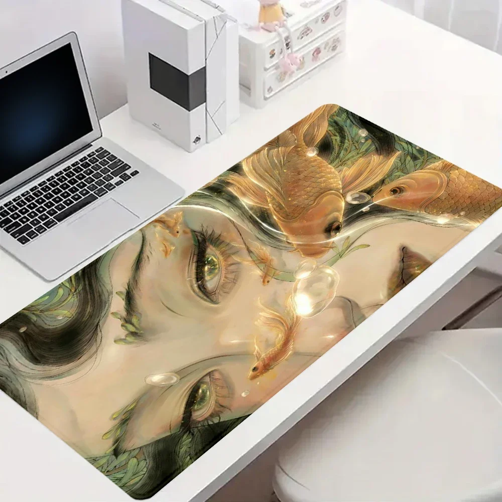 Girl Eyes Mouse Pad Large Desk Accessories Desk Pad Rubber Base with Stitched Edge Mousepad Non-Slip Deskpad for Office