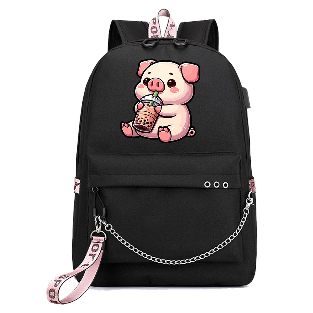 Pig Drinking Boba Tea Backpack Popular Fashion Travel Cute Backpacks Outdoor Sport School Bag for Fans Gift