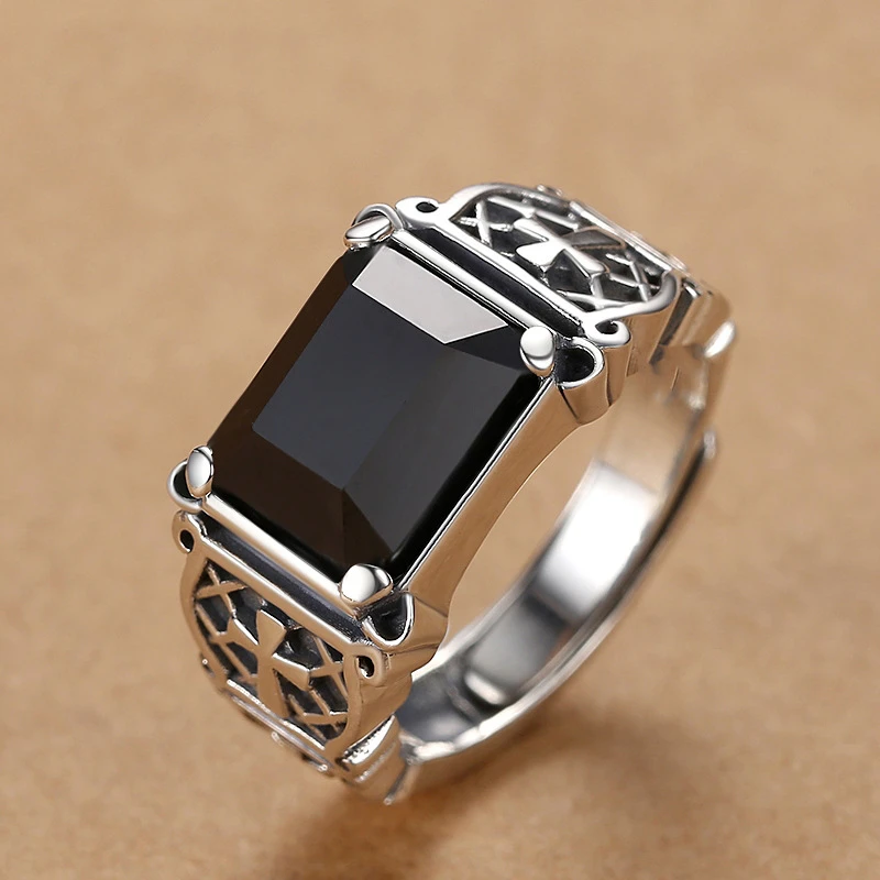 OUYADI 925 Sterling Silver Men Retro Black Agate Ring Cross Hollow Design Domineering Hip Hop Index Finger Jewelry Gift