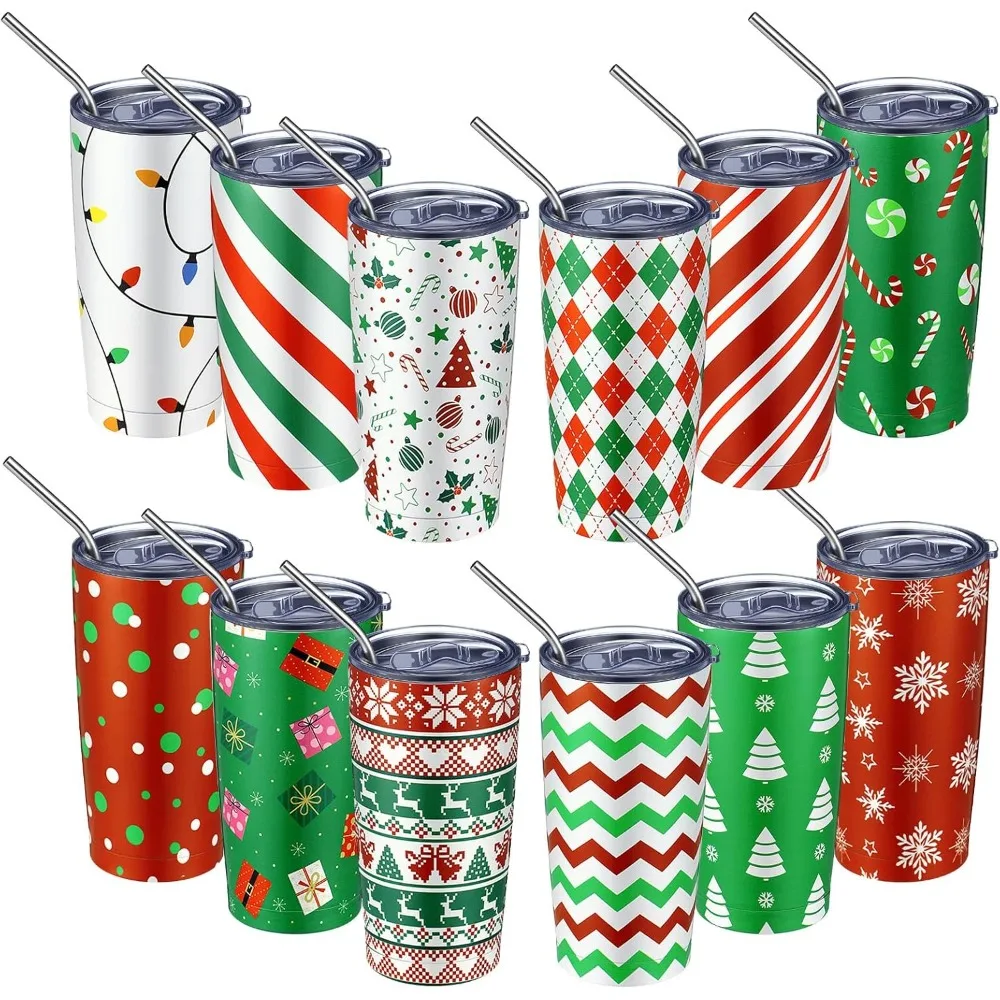 

Christmas Stainless Steel Insulated Tumbler 20oz Travel Cup with Lid and Straw Holiday Party Supplies Gift Set of 12