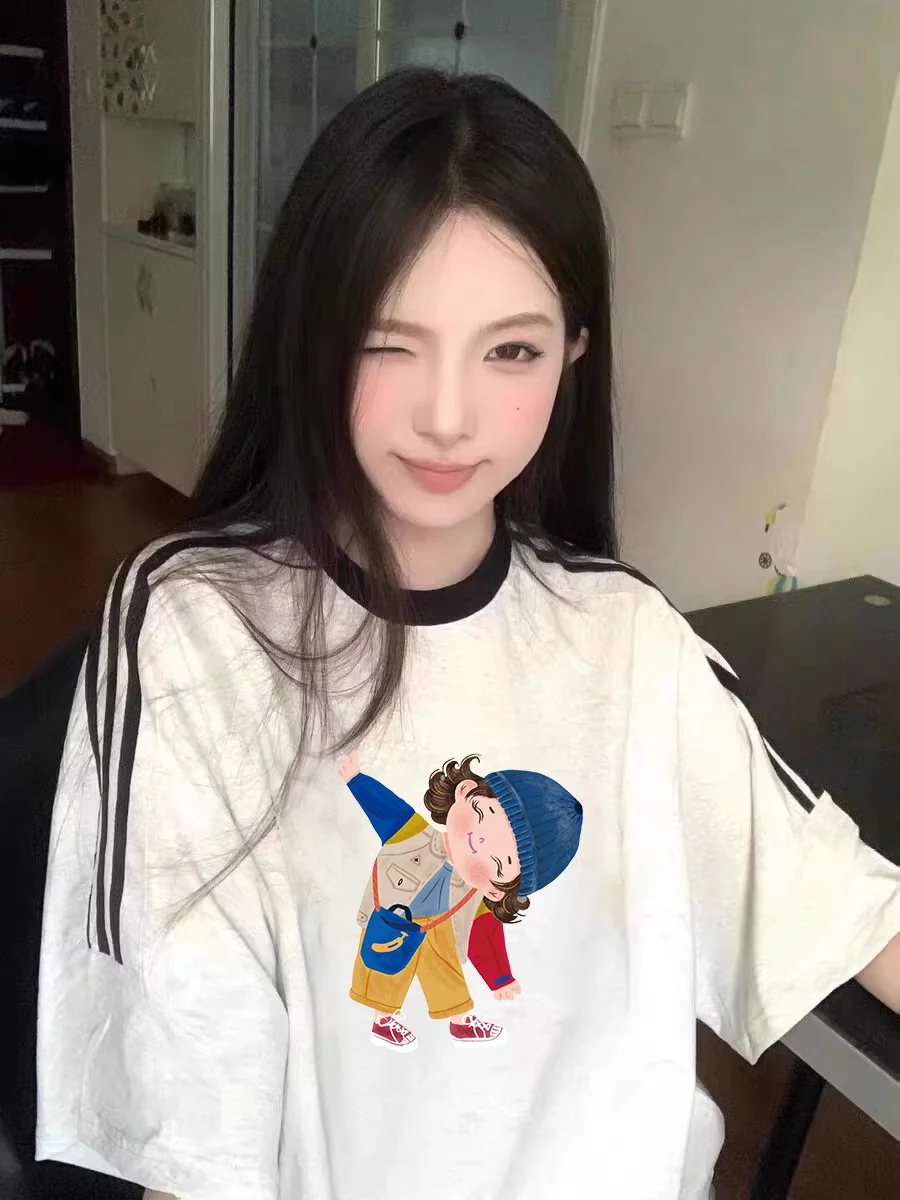 

plus Size Women's Cartoon Short Sleeve T-Shirt Loose Fit Stylish Trendy Summer Top Korean Style round Neck Print Cotton
