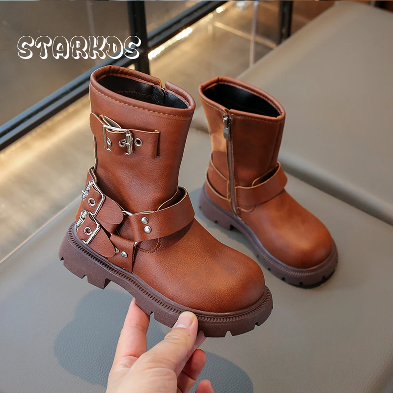 Brand Design Metal Buckle Mid-Calf Boots Kid Girls Side Zipper Knight Booties Children Autumn Thick Sole Round Toe Combat Botas