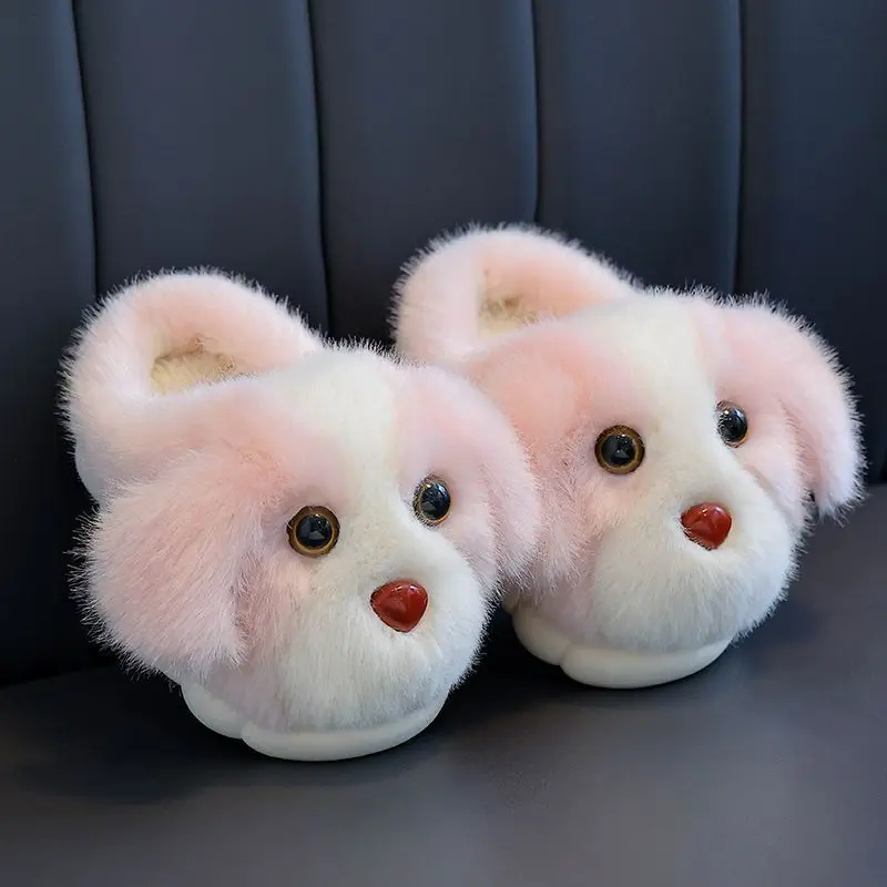 Kids'Slippers Plush Cartoon Fluffy Suede Winter Shoes For Children Anti-slip Thick Bottom Home Slipper Grey Pink Size 24-37