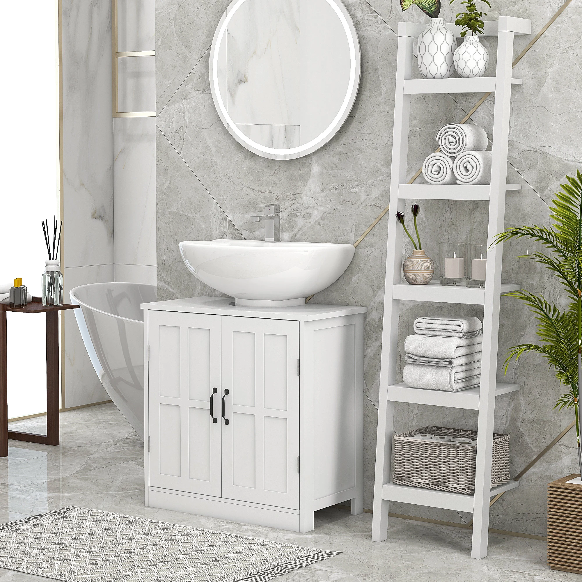 Kleankin Pedestal Sink Storage Cabinet, under Sink Cabinet with 2 Doors and Adjustable Shelf, Bathroom Vanity with U-Shape Cut-Out, White