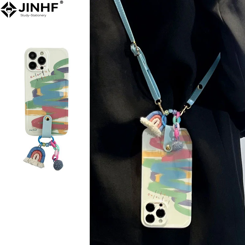 White Background Colorful Stripe Phone Case With Blue Pink Rainbow Cloud Pendant & Light Blue Leather Diagonal Crossbody Rope