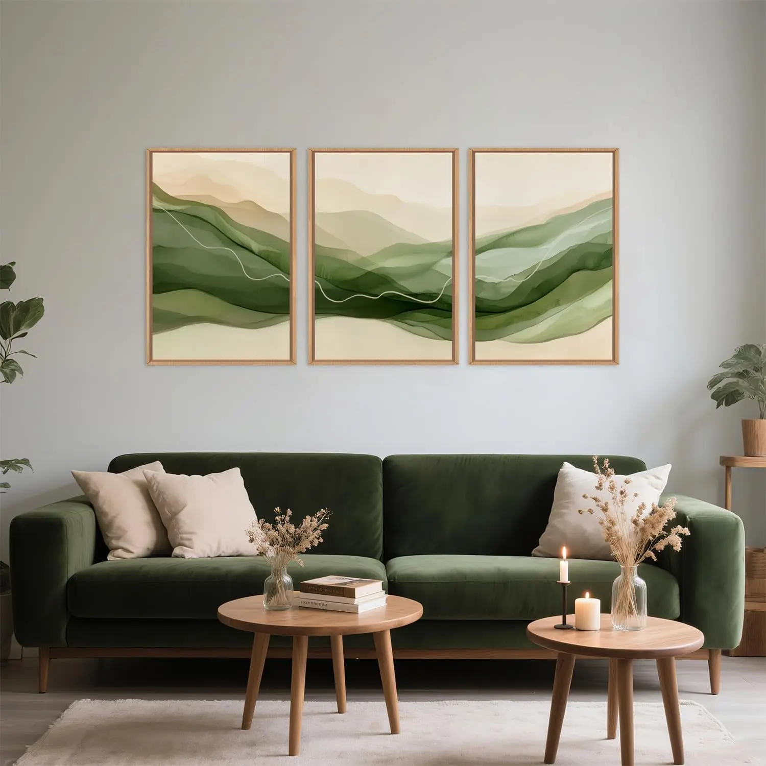 3 Stück/Set rahmenlose Leinwandbilder, abstrakte Rauchwellen-Leinwand-Wandkunst, minimalistische grüne beige Aquarell-Linien für das Wohnzimmer