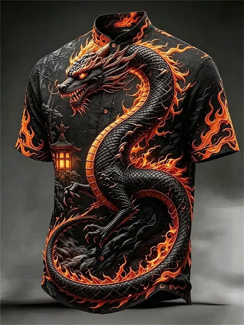 New style men's black gold Cthulhu octopus ocean wave lapel short sleeve shirt dark Japanese vintage shirt clothing