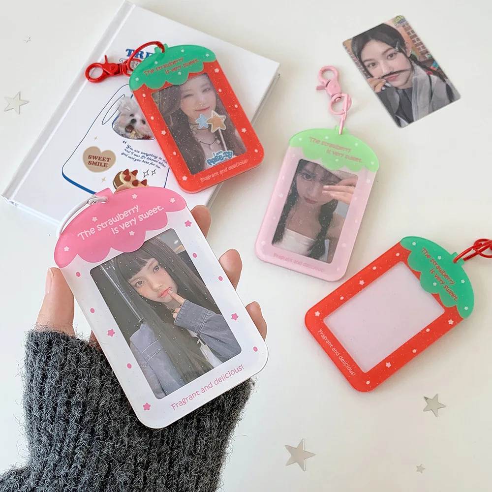 Acrylic Strawberry Card Holder Clear Transparent 3 Inch Pocket For Student Fans Display Pack Pink White Red Hanging Hole