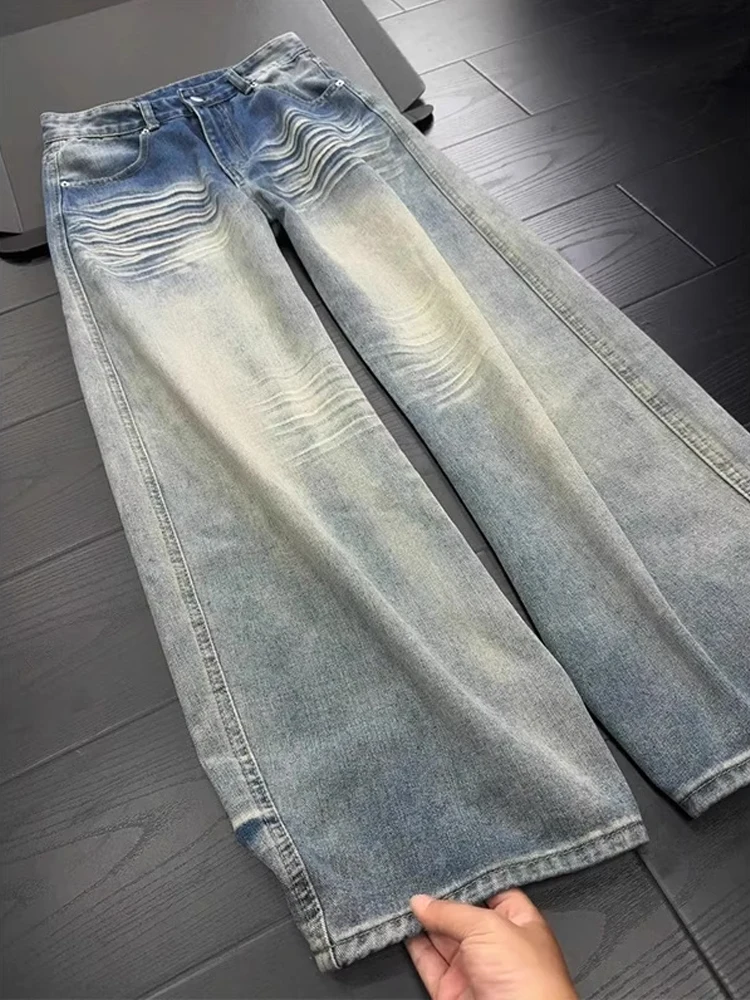 الرجعية الأمريكية Waed سكين الجينز الرجال فضفاض مستقيم الساق واسعة الساق السراويل النسائية شارع العليا فيبي جينز غير رسمي