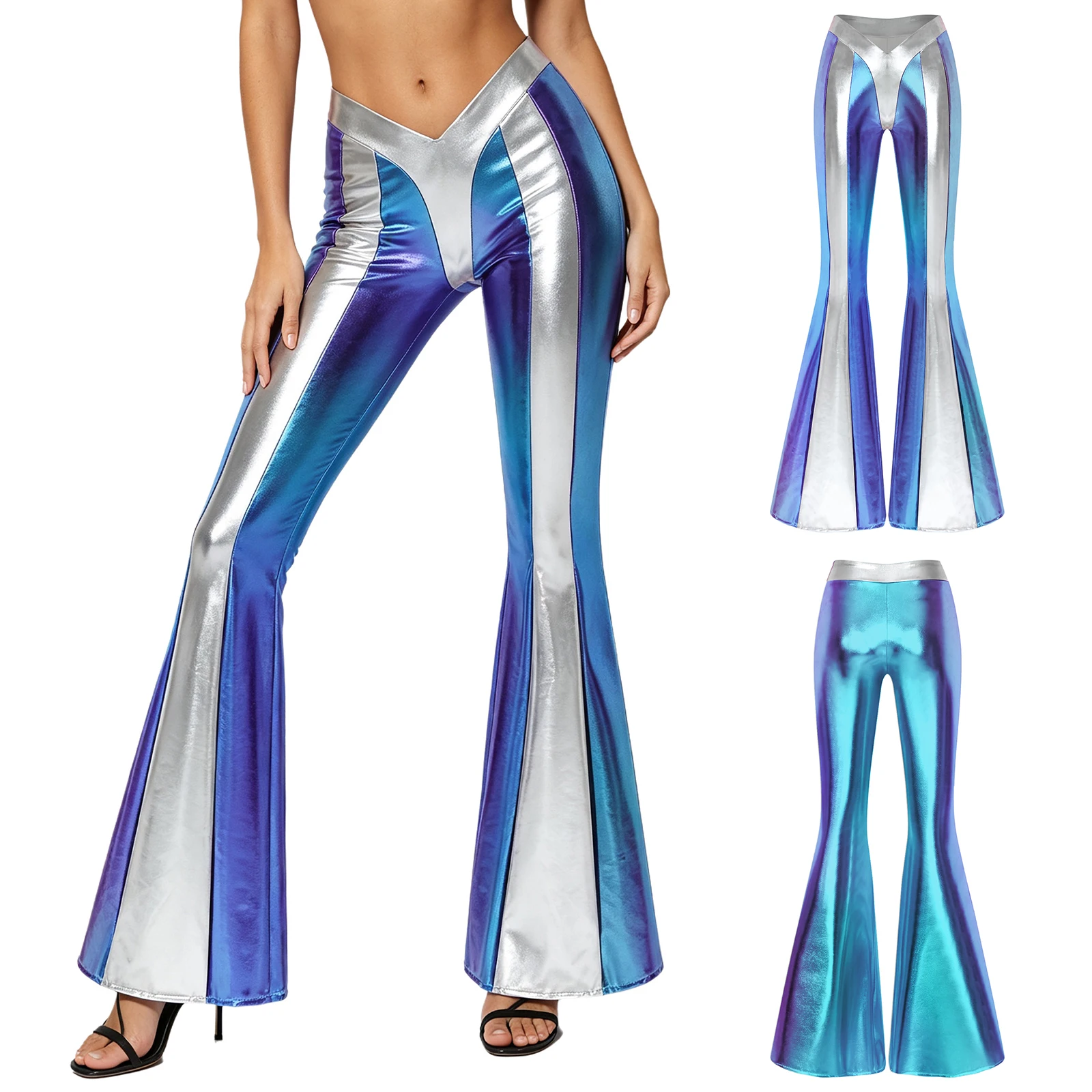 Women 70s Disco Bell Bottom Pants Metallic Shiny V-front Color-blocked Flared Long Trousers for Jazz Dance Music Raves Party
