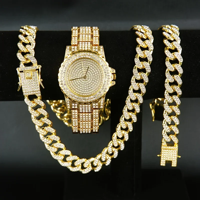 AAABC3pcs/set, Men's Rhinestone Wrist Watch & Necklace Bracelet Set, Couple Watch Gift