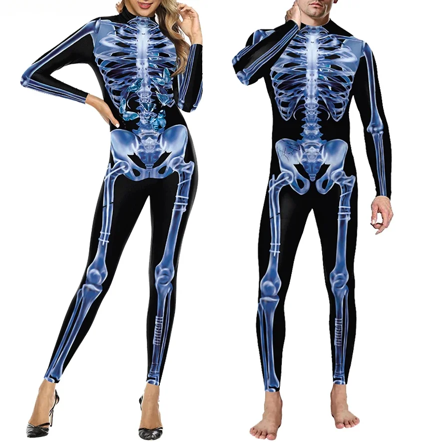 

Women Men Skeleton Printed Jumpsuit Zentai Performance Bodysuits Halloween Cosplay Costumes Purim Party Fancy Dess Outfit