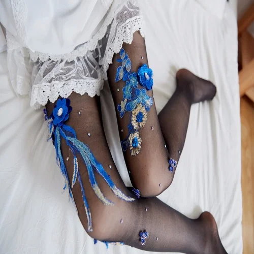 Original and personalized handmade stockings, heavy industry style flower embroidery sequin rhinestone patch pantyhose
