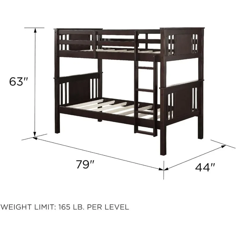 Convertible Wood Bunk Bed, Stackable and Detachable Bed Frames for Kids and Teens, with Ladder, High Guardrail, Wood Slats