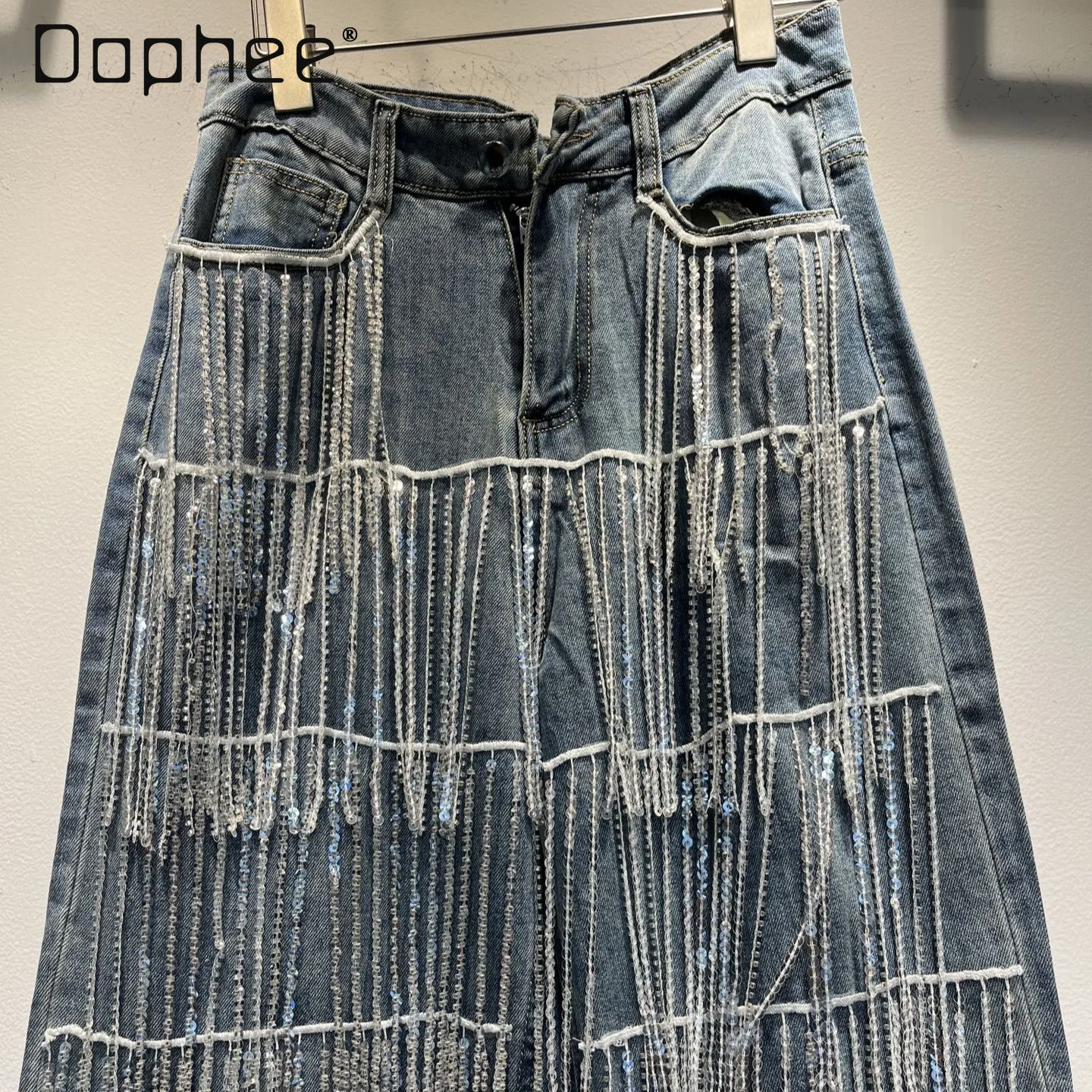 High-End Sequin Tassel Jeans for Women Autumn Winter Street Personality Solid Color Versatile High-Waisted Slim Wide-Leg Pants
