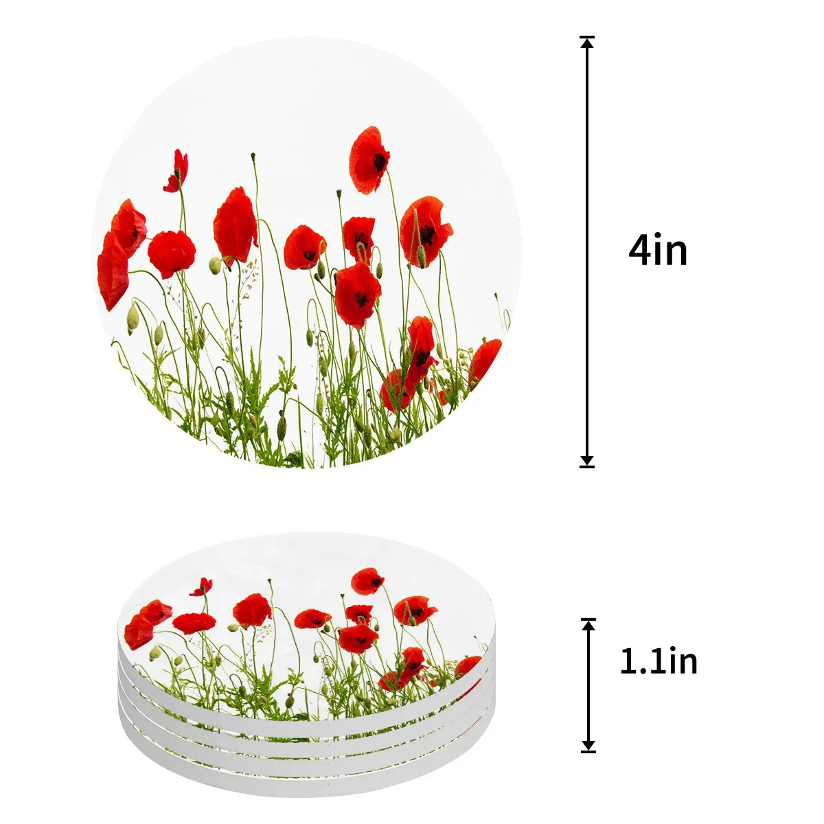 Poppy Field Red Flowers White Round Coaster Coffee Table Mats Kitchen Accessories Absorbent Ceramic Coasters