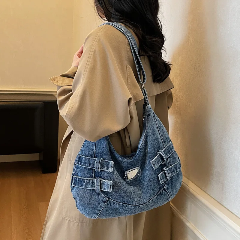 

Джинсовая сумка на плечо осень-зима 202, повседневная женская сумка-тоут, просторная сумка через плечо, универсальная сумка «день-ночь»